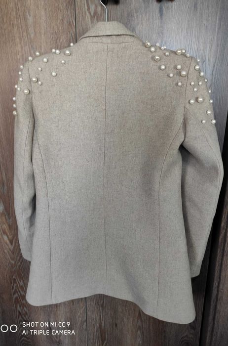 Намален MIJEL нов с етикет плътен блейзър с перли в цвят мока
