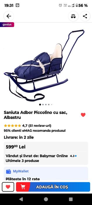 Sanie metalica cu spatar, maner si sac imblanit, stare f buna, 270 le