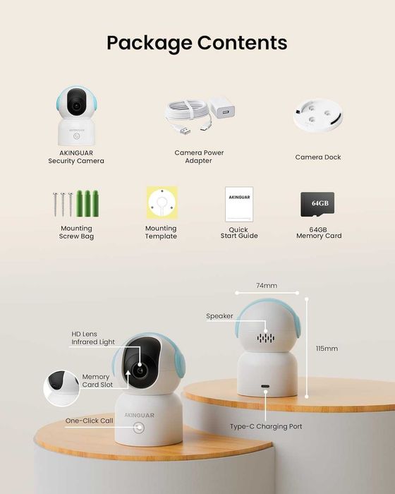 AKINGUAR 4K 8MP Безжична вътрешна камера, 2.4G/5GHz WiFi, 64GB карта