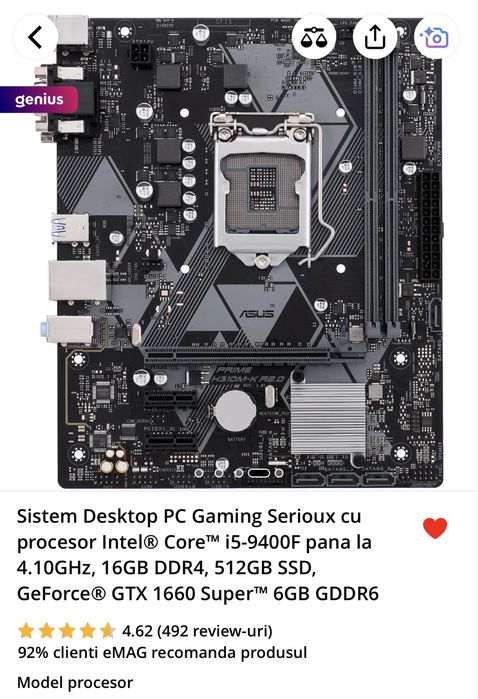 Sistem Gaming i5 9400F, 16 gb ram, 512+1000 ssd, gtx 1660 super 6gb
