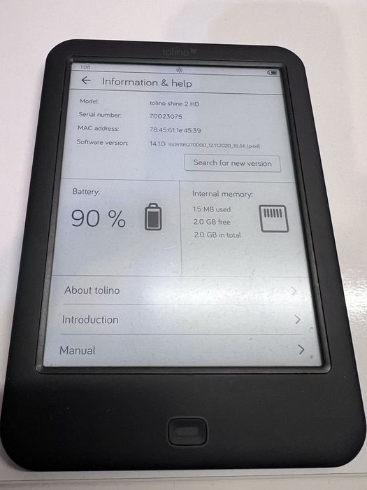 Tolino Shine 2 HD – Отлично Състояние, 300 dpi Екран