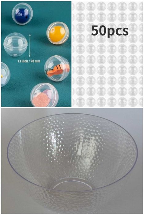 Прозрачни кръгли капсули, 50 бр. и прозрачна пластмасова купа