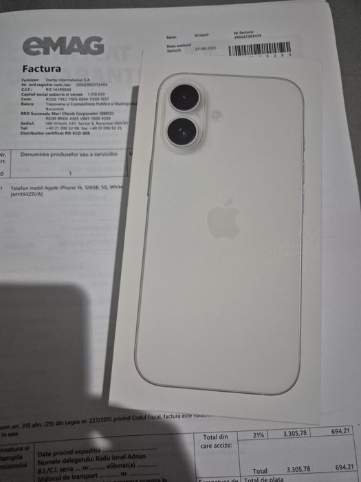 Iphone 16 128gb - Sigilat - Liber de rețea - ALB - Factura