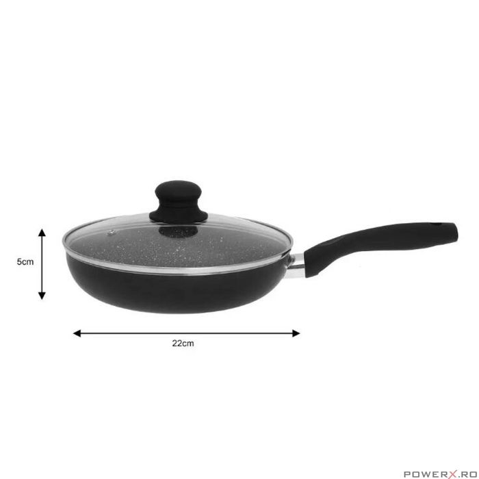 Tigaie din aluminiu cu capac, marmorata, 22 cm, negru, KingHoff