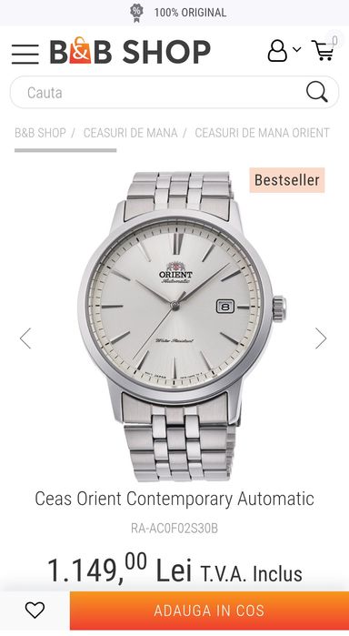 Ceas ORIENT Contemporary RA-AC0F02B30B; ORIGINAL,acte, sigilat.