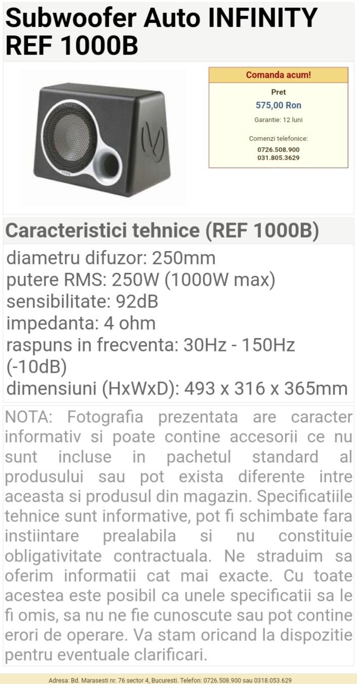 Vând subwoofer infinity 250W (1000W max)