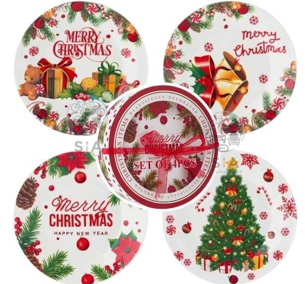 Коледни чинии, порцелан, Елха/ Подаръци, 19 см, 4 бр.