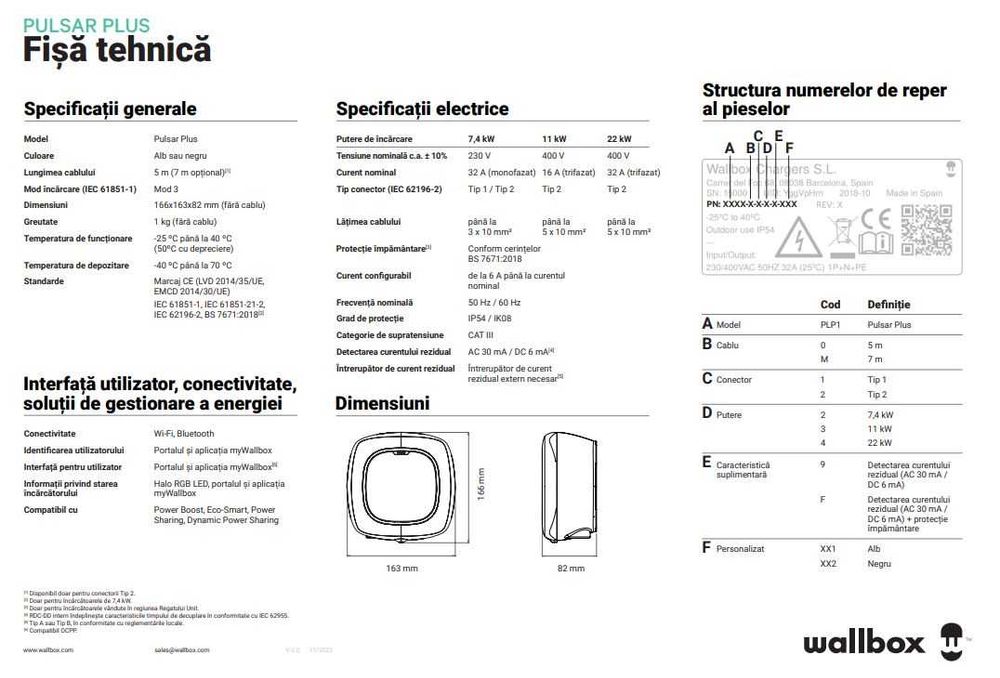 Statie incarcare auto electrice premium WALLBOX Pulsar Plus mono 7.4kW
