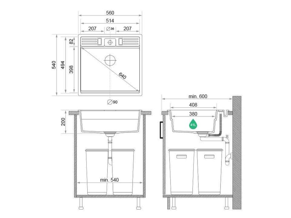 Черна кухненска мивка за вграждане Берген 60 Double Pocket 560x540 мм