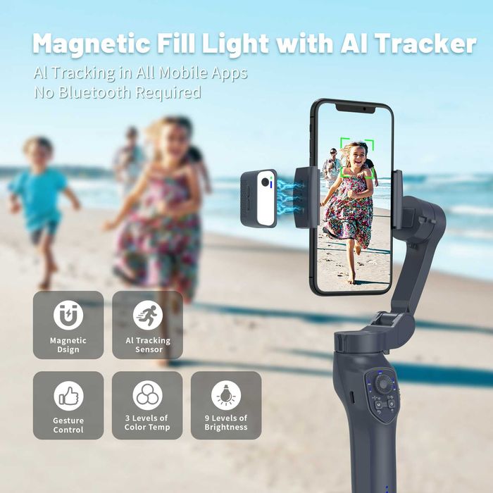 Гимбал триосов за смартфон с магнитен Ai тракер LED светкавица  Gimbal