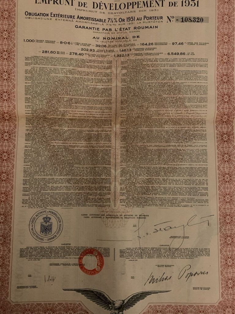titlu stat 1000 franci aur 1931 Royaume de Roumanie bond neincasat