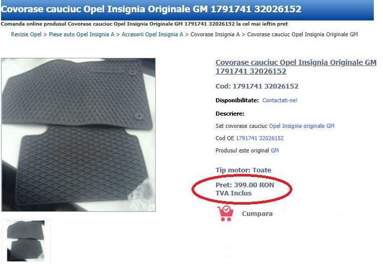 Vand set covorase cauciuc / presuri originale GM Insignia A 2009-2016