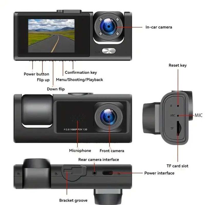 Camera filmare auto cu 3 canale HD 1080P D53 WiFi, viziune nocturna