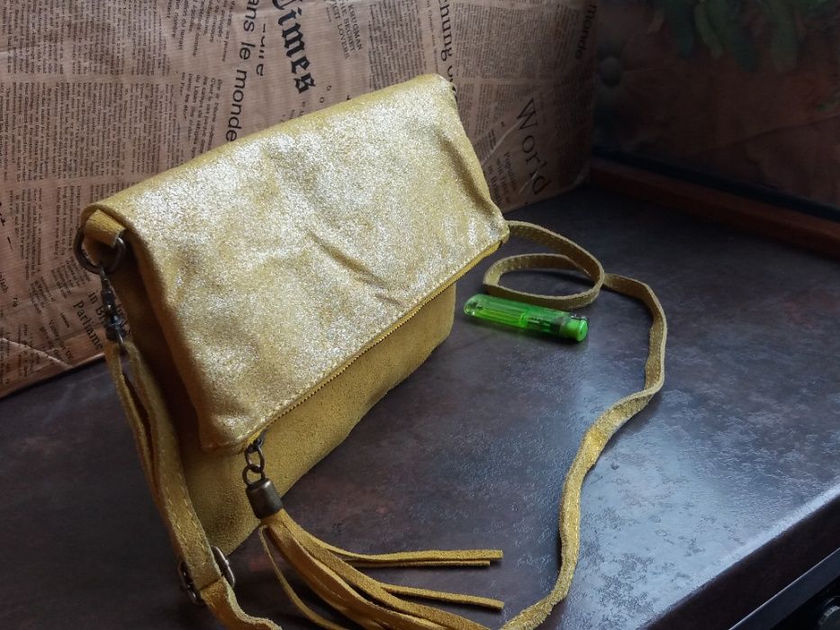 дамска чанта,велурена торба-жълта естествена кожа,велур