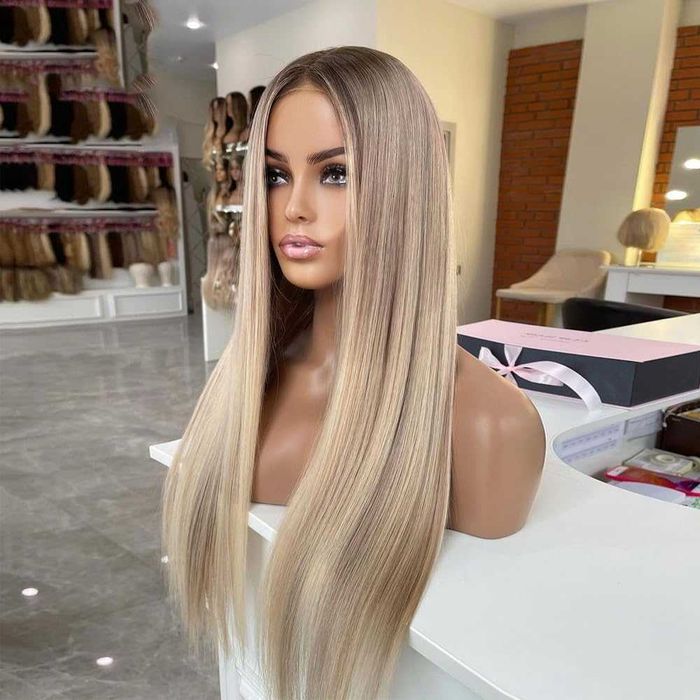 80 см дантелена омбре права перука микс пепеляво русо с кафяви корени