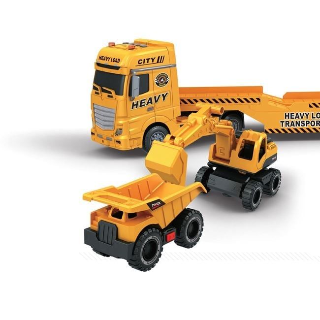 Детски ТИР с ремарке и две строителни машини-55 см.