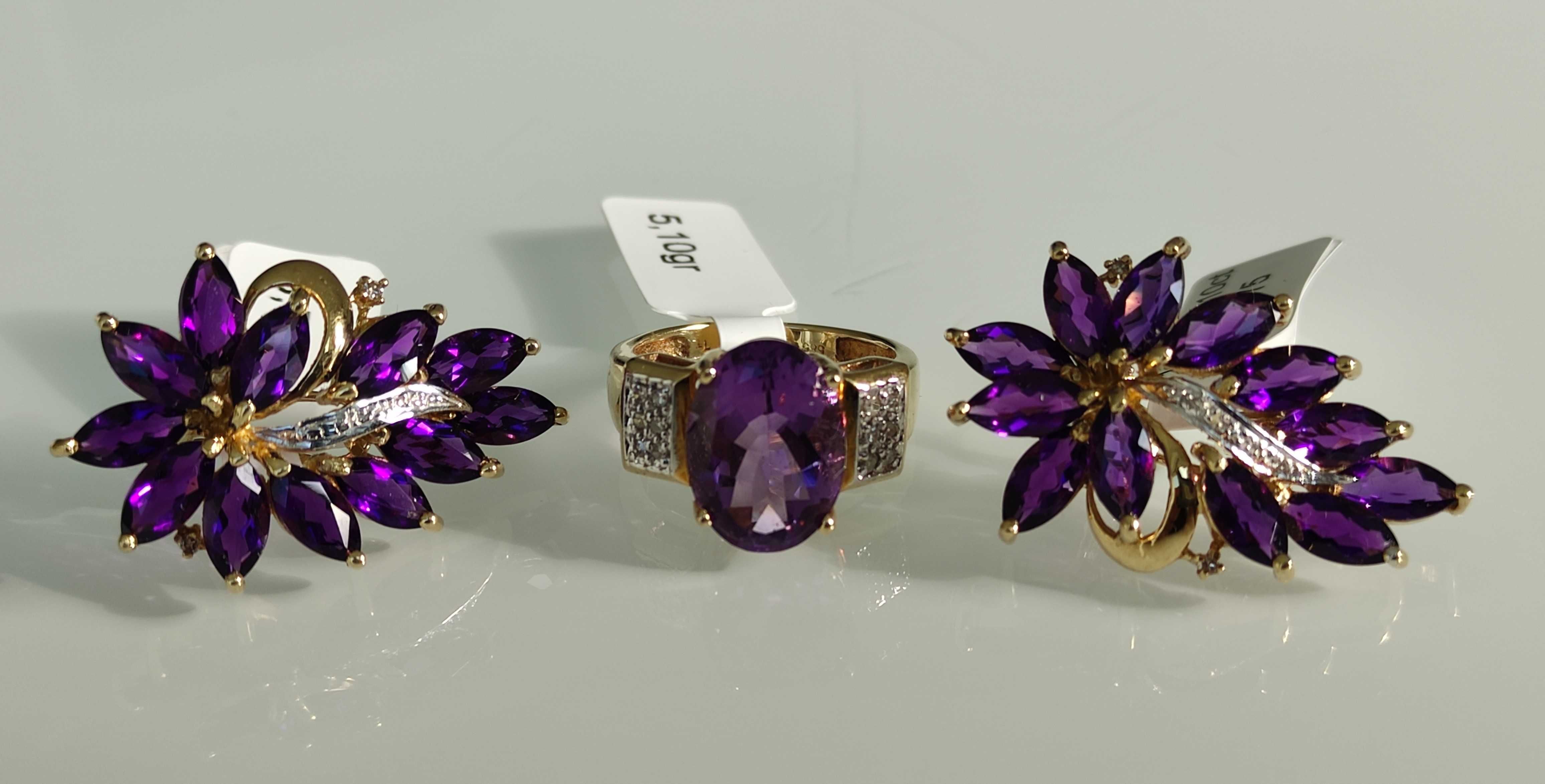 Set aur 14k inel si cerceii cu Amethyst si Diamante