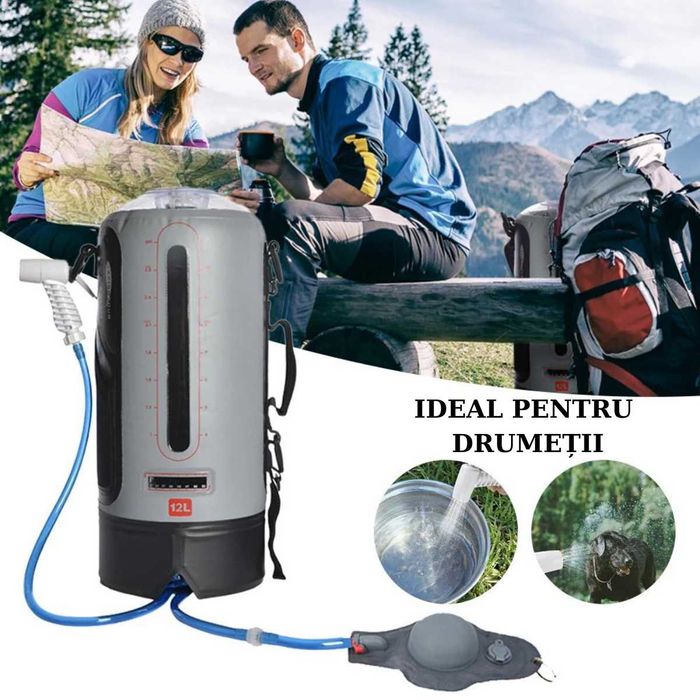 Sac de Dus Portabil pentru Camping, cu Popa de Picior, Rezervor 12 L