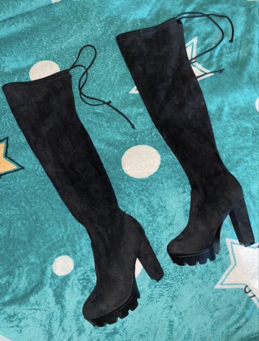 Cizme din catifea înalte cu toc + platformă