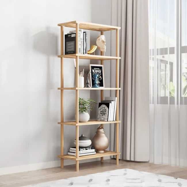 Raft decorativ cu 5 polite din lemn, design modern, 29x60x137 cm