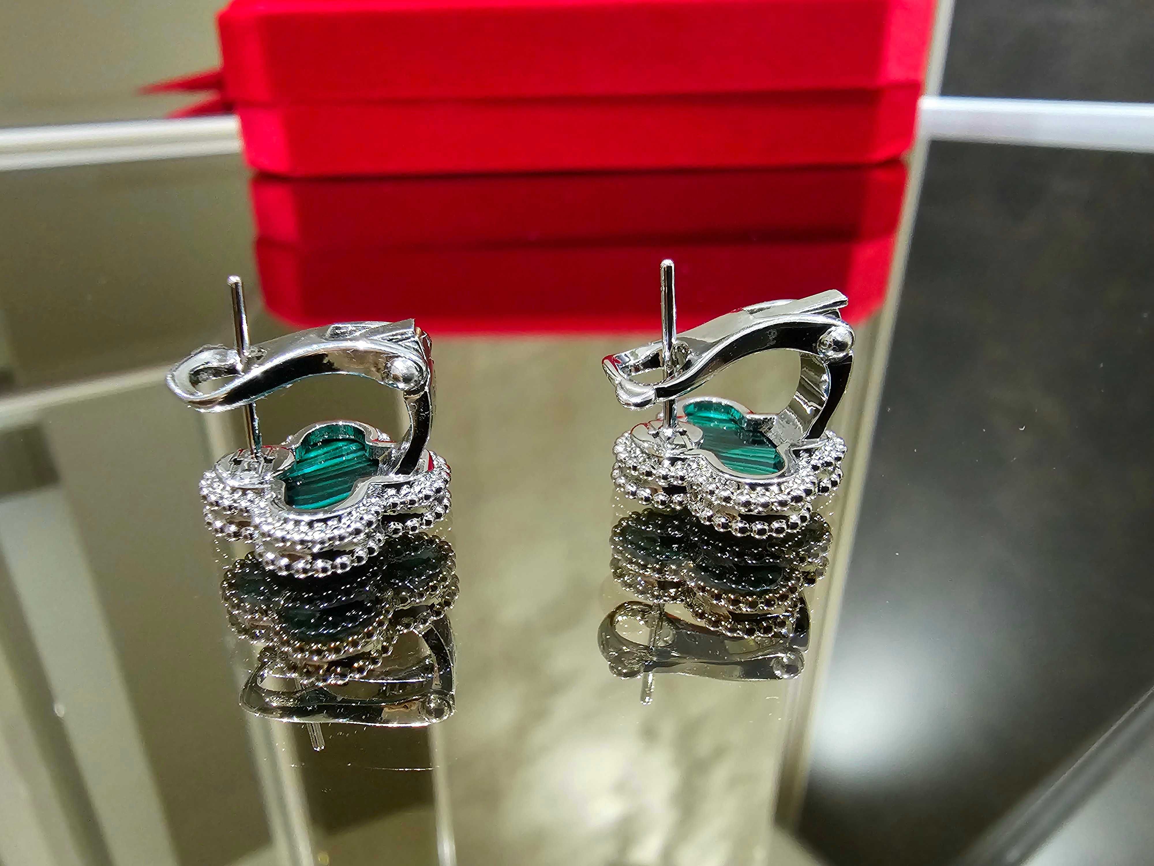 Van Cleef & Arpels VCA Silver Green Alhambra Clips Clover Дамски Обеци