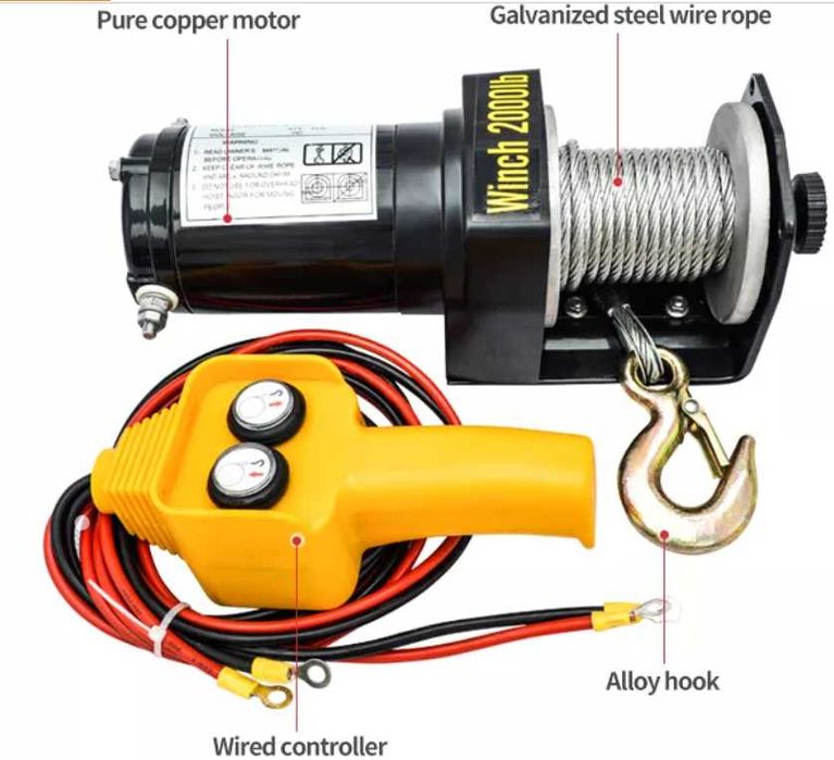 Лебедка 2000 lbs ,907 кг,12V,електрическа-дистанционно, въже 6 м/ 4 мм