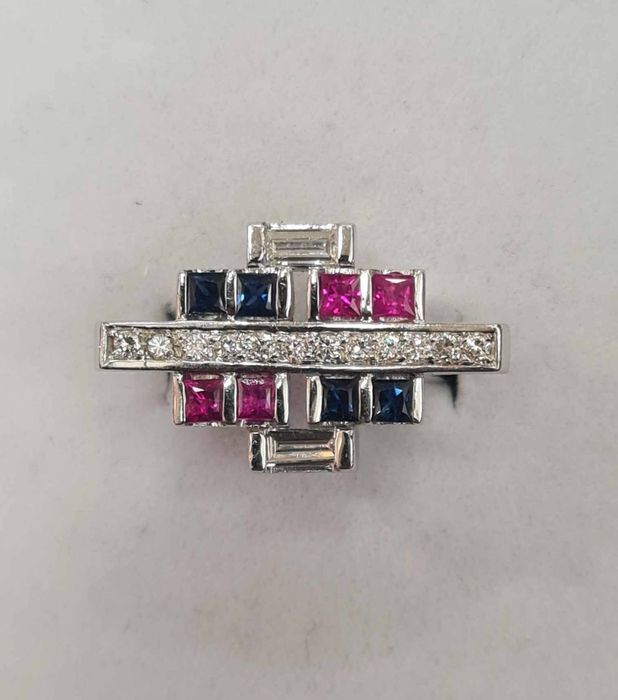 Inel Art Deco din aur alb 18k, cu diamante naturale,safire naturale si