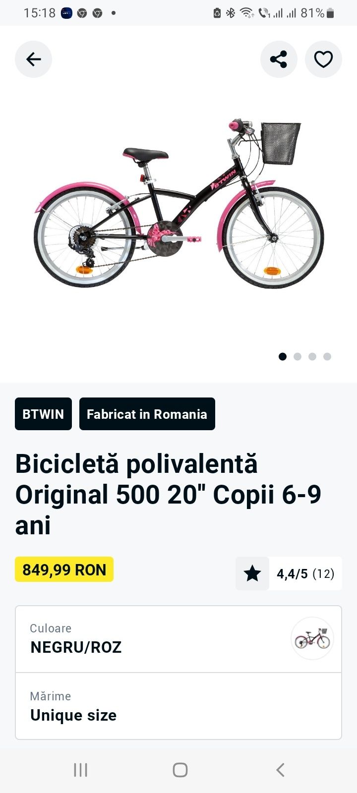 Bicicleta fete 6-9 ani cu roti ajutătoare