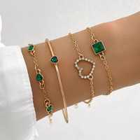 Set 4 brățări elegante, regale, auriu/verde-smarald, zirconiu