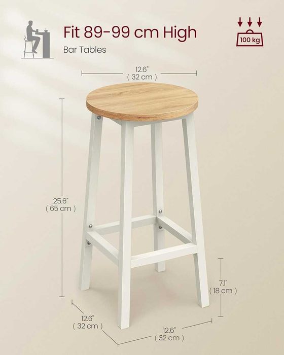 Set 2 scaune de bar Songmics, cadru metalic alb, sezut stejar