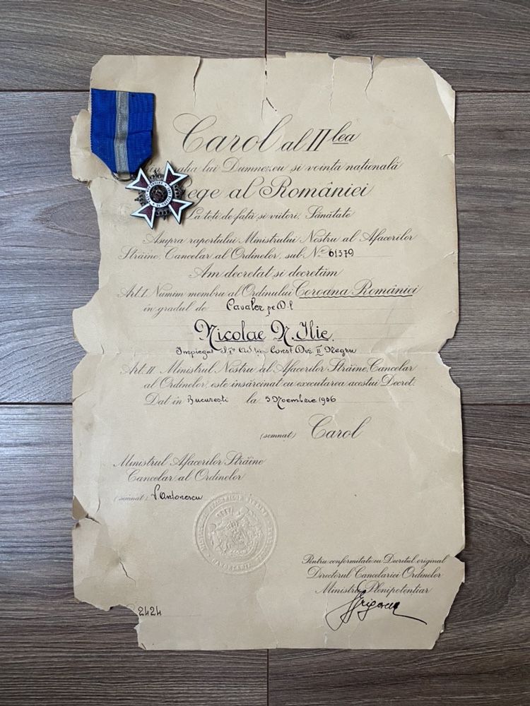 Brevet Decret Militar Ordinul Coroana Romaniei 1936