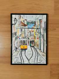 Tablou pictura acuarela A4 - peisaj urban citadin Lisabona, Portugalia