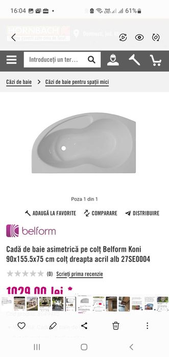 Vand cada baie noua Belform Koni 90x155.5x75 colt dreapta acrilic alb.