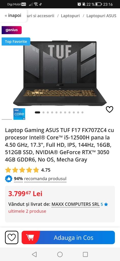 Laptop Gamig ASUS TUF F17 512 SSD 16RAM  17'3inc Full HD 144hzh
