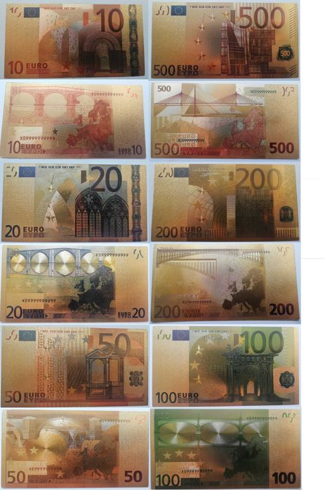 Сувенирни златисти, цветни евро банкноти