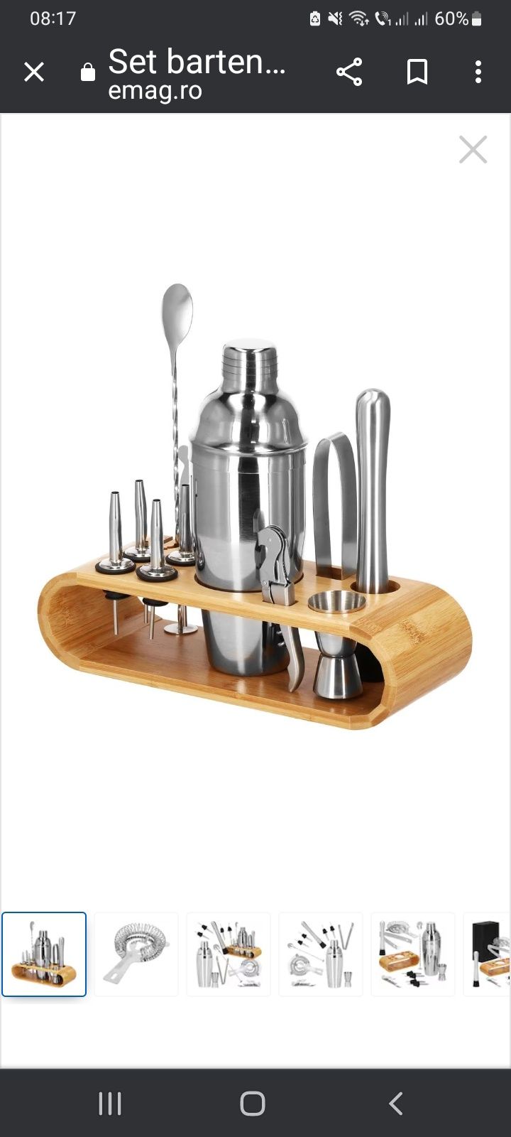 Set bartending, 12 piese, suport bambus, 750ml.,inox