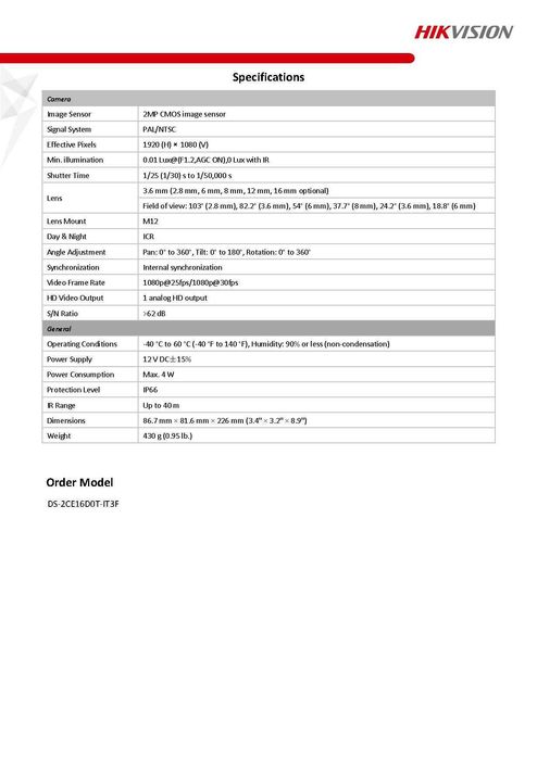 4в1 Hikvision 2CE16D0T-IT3F 2MP 40М EXIR Нощно Видеонаблюдение Камера