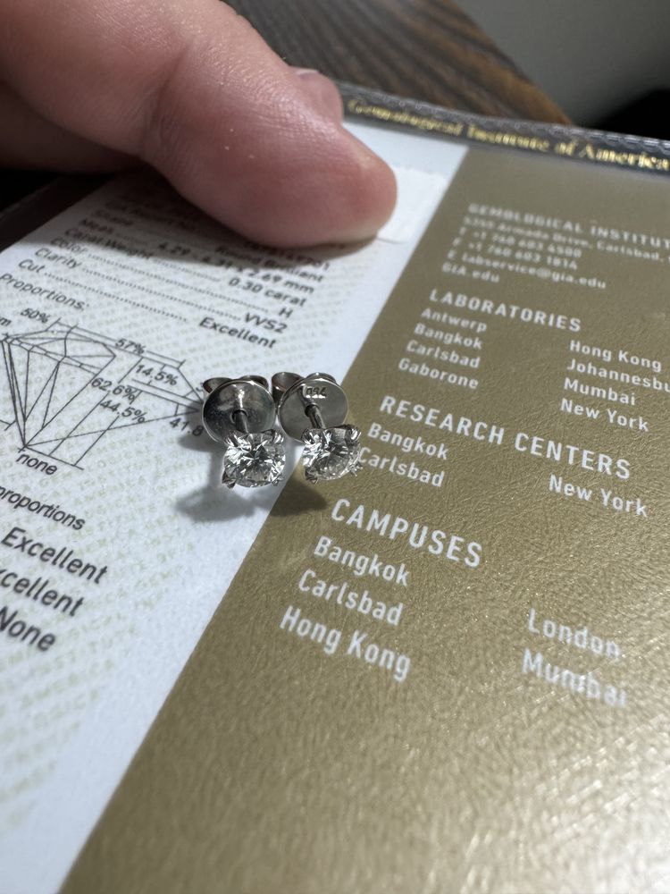 Серьги пусеты бриллианты 2 по 0.3 карата международный сертификат GIA