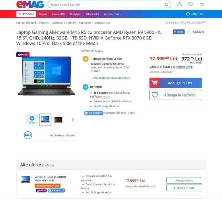 Laptop gaming Alienware M15 | Ryzen R9 5900HX | RTX 3070 8GB | 240hz