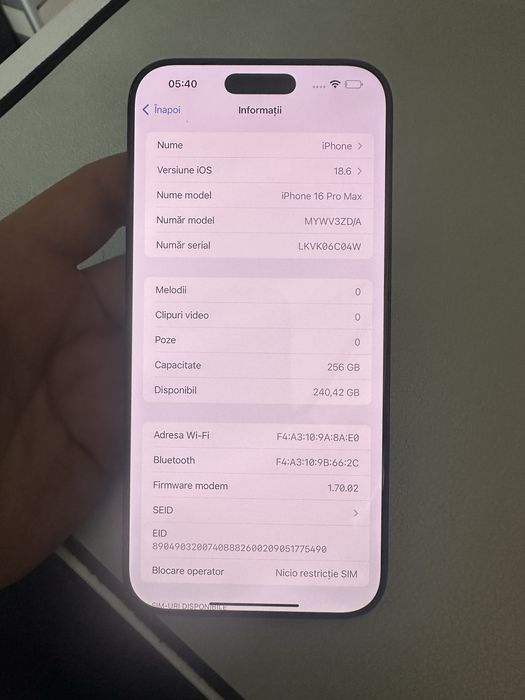 iPhone 16 Pro Max impecabil 256GB, baterie 100%, garanție Apple