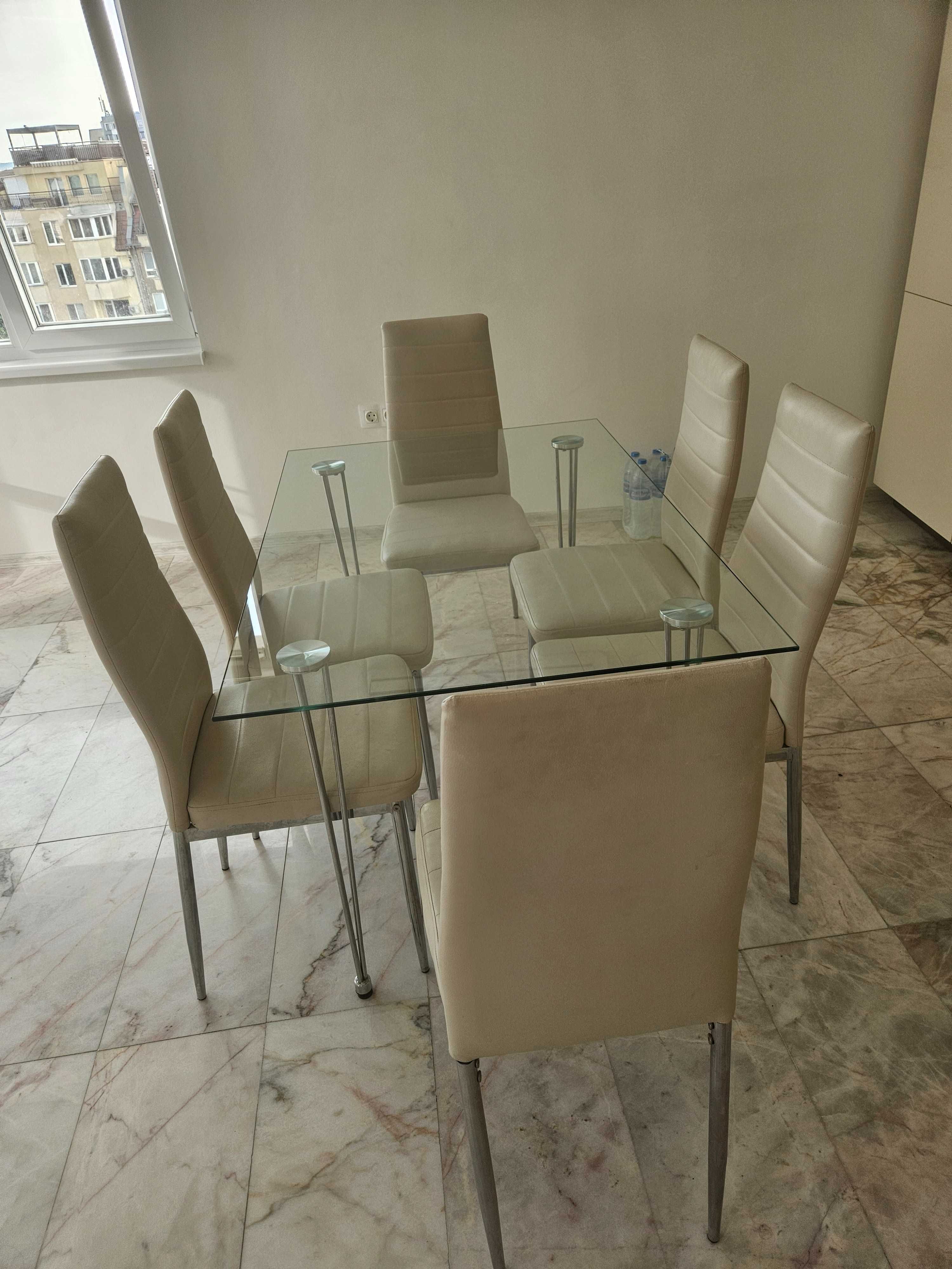 Комплект трапезна стъклена маса 120/80 и 6 стола