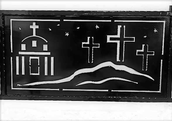 Grilaj mormant, gard funerar, cruce scrisa, tabla decupata fier forjat