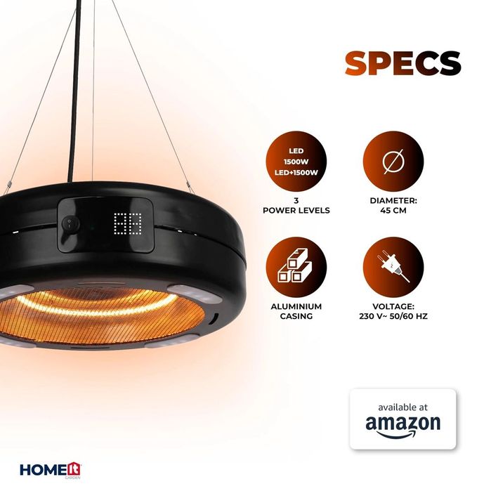 Висящ нагревател за тераса с карбонова тръба и LED осветление