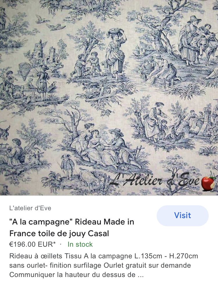 Френско перде Toile de Jouy сцени селски живот бяло синьо 100% памук