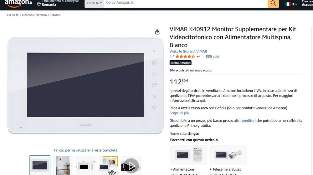 Monitor suplimentar VIMAR K40912 pentru videointerfon