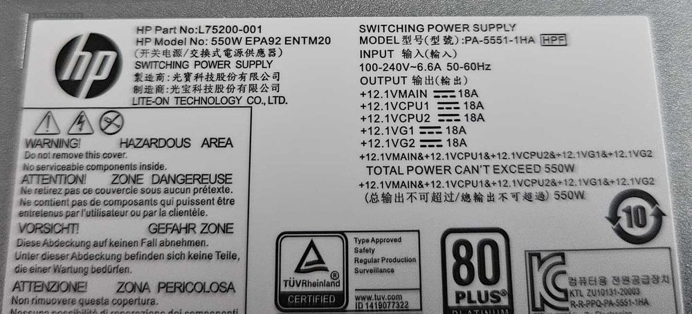 Sursa HP Lite-On 550W (L75200-001) pentru SFF – EliteDesk 800 G4 SFF