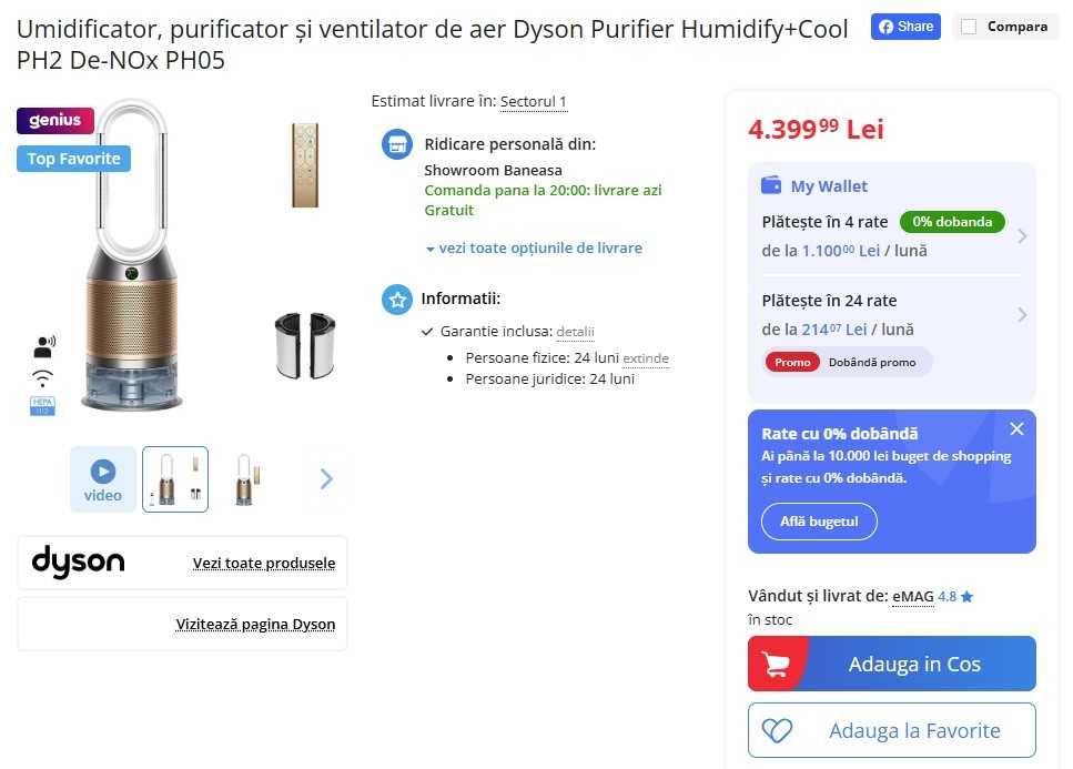Purificator + Umidificator + Ventilator Dyson– stare foarte bună !