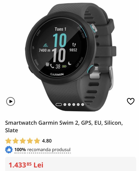 Smartwatch Garmin Swim 2, GPS, EU, Silicon, Slate