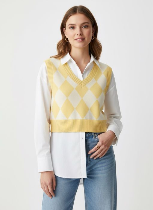 Нов жълт кариран елек H&M размер М