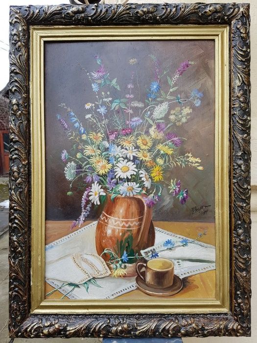 "Flori de câmp și-o cafea", tablou superb, ulei, Flesaru, cu ramă